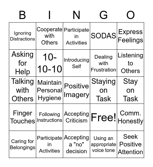 Skills/Strategies Bingo Card