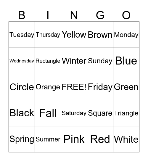 Kindergarten Review Bingo Card