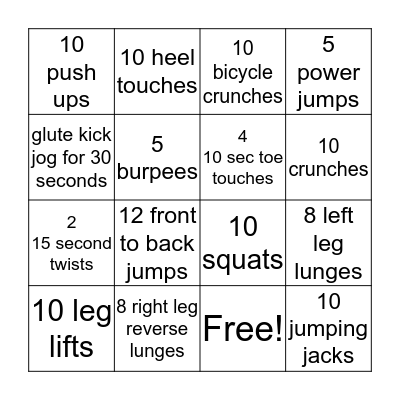 Fitness Bingo Card