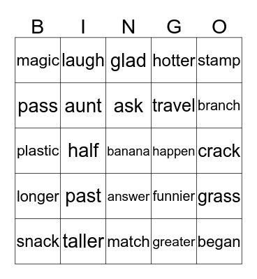 Spelling # 1 List Bingo Card