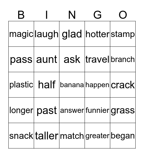 Spelling # 1 List Bingo Card