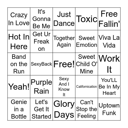 Super Bowl Performers  Bingo Card