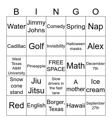 Lacey Bingo Card