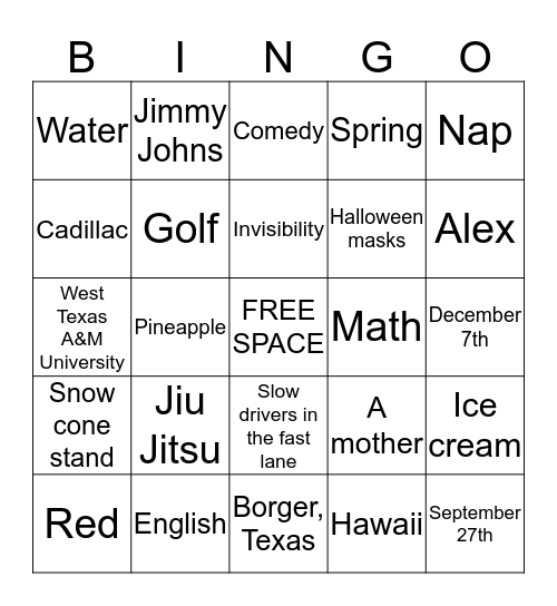 Lacey Bingo Card