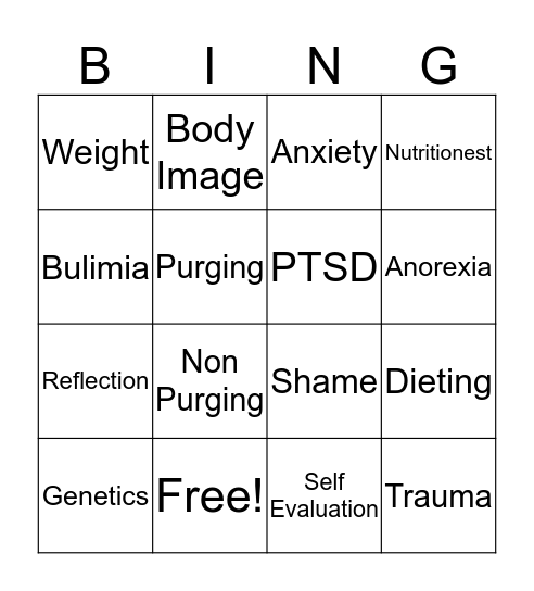 Eating Disorders Bingo Card