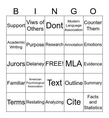 Academic Writing Bingo Card