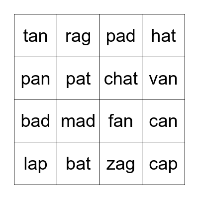 Word Family Bingo Card