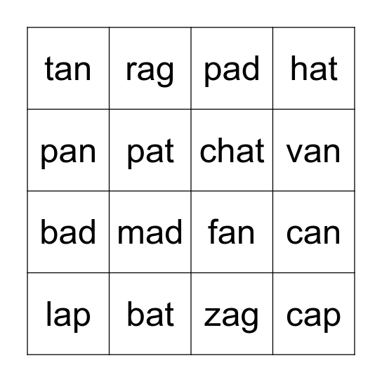 Word Family Bingo Card