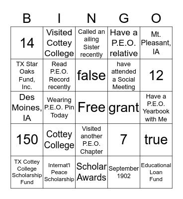 PEO BINGO Card