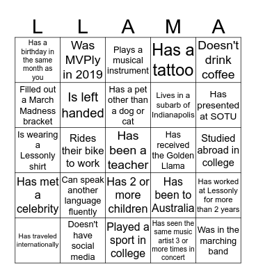 Lessonly Llama Bingo! Find someone who... Bingo Card