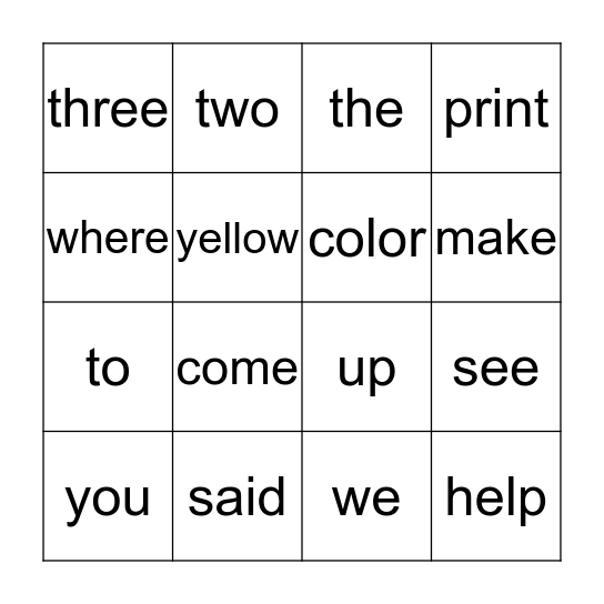 Primary Sight Words 1c Bingo Card