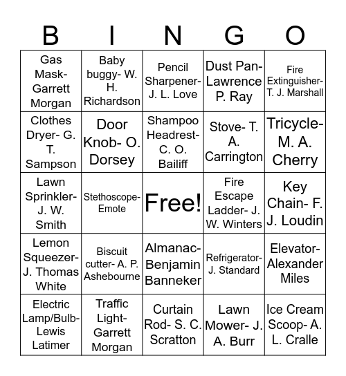 African American Inventors Bingo Card