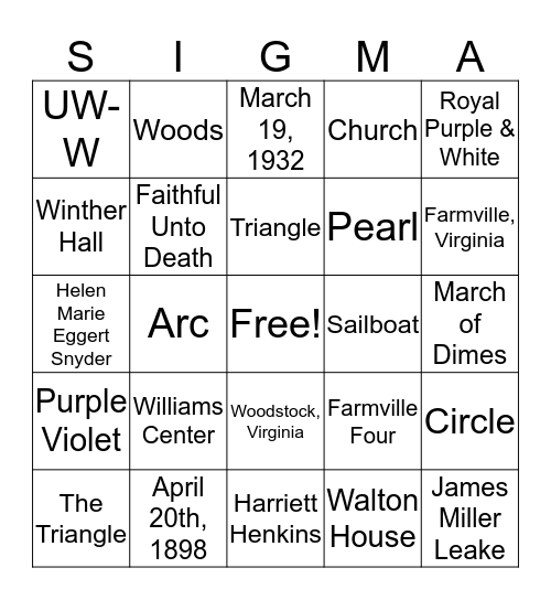 Sigma Sigma Sigma Bingo Card