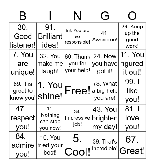 Positive Affirmation Bingo Card