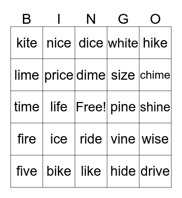 Long I Bingo Card Bingo Card