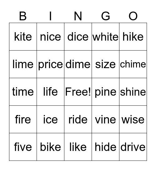 Long I Bingo Card Bingo Card