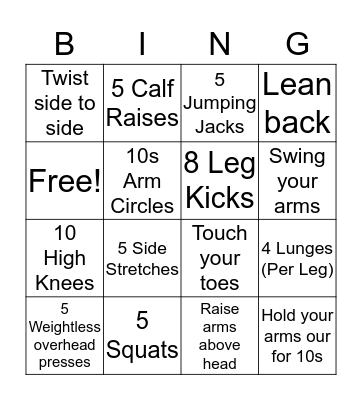 Physical Activity Bingo Card