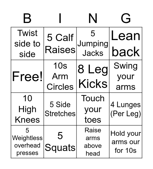 Physical Activity Bingo Card