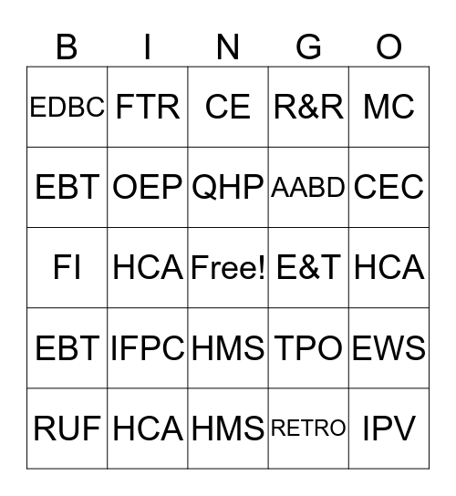 DHW Acronymns Bingo Card