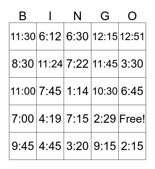 Clock Bingo Card