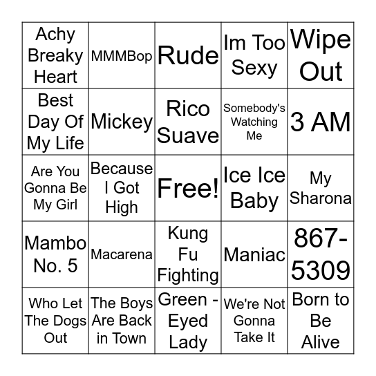 One Hit Wonders Bingo Card