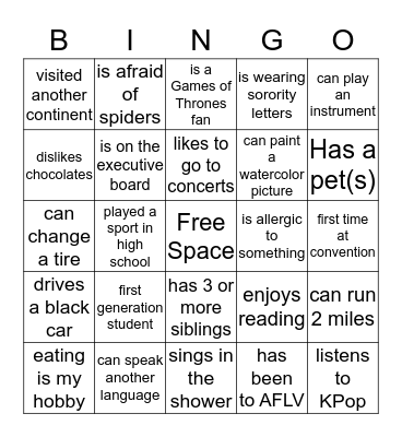 Sisterhood Bingo Card