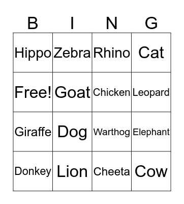 African Animals Bingo Card