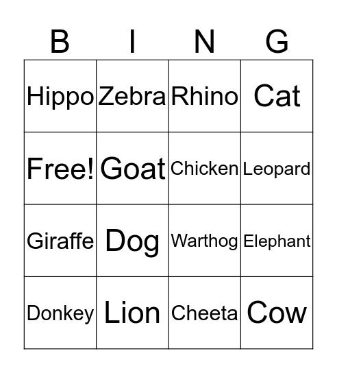 African Animals Bingo Card
