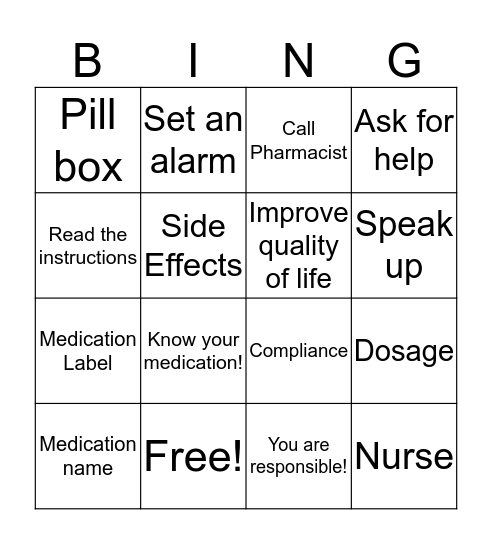 Medication Compliance  Bingo Card