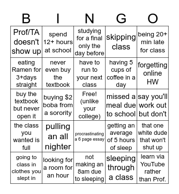 College Experience Bingo Card