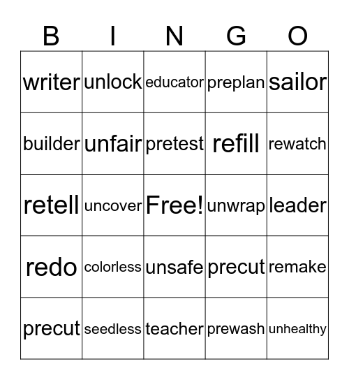 Prefixes and Suffixes Bingo Card