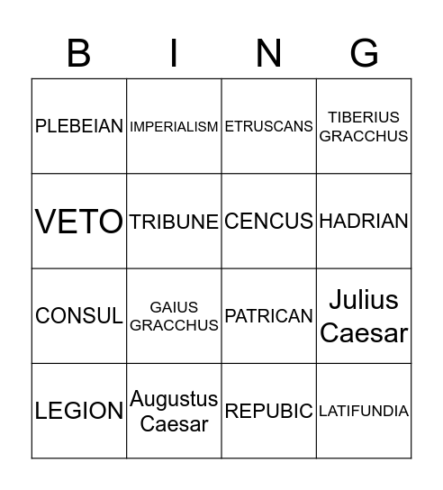 Ancient Roman Bingo Card