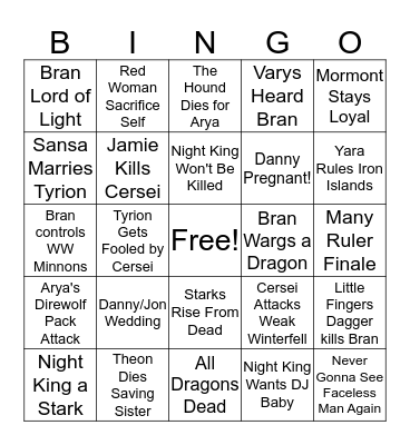 Game of Thrones Bingo Card