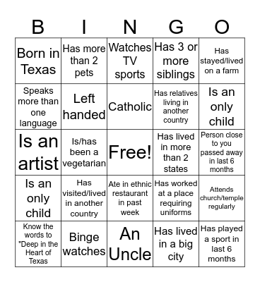 Diversity Bingo Card