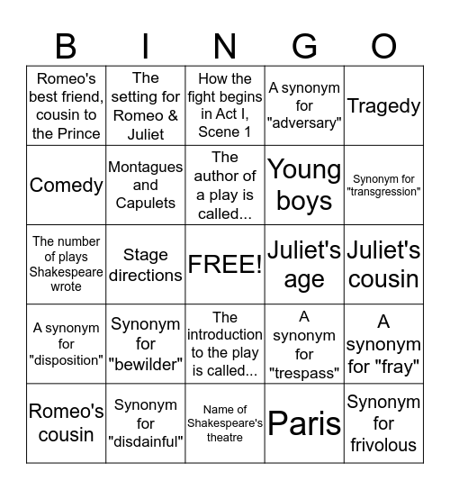 Vocab & Shakespeare Review Bingo Card