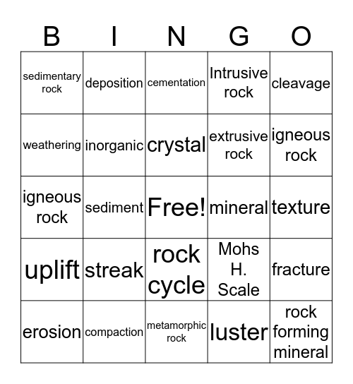 Rocks and Minerals Bingo Card