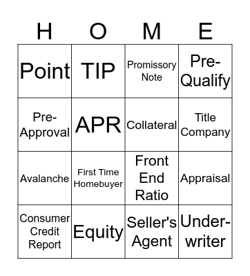 Homebuyer Education Bingo Card