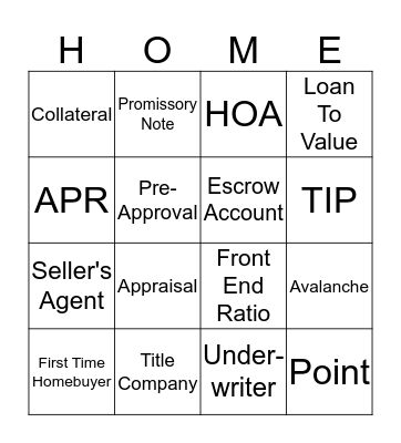 Homebuyer Education Bingo Card