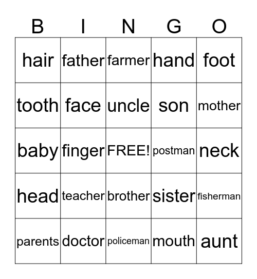 Jobs, Body, Family Bingo Card