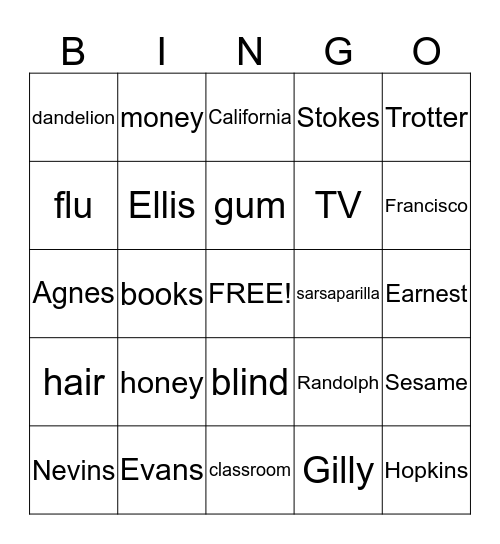 The Great Gilly Hopkins Bingo Card
