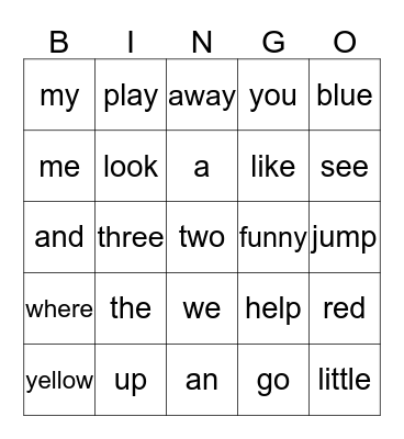 Sight Word Bingo Card