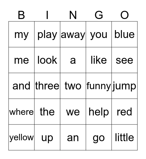 Sight Word Bingo Card