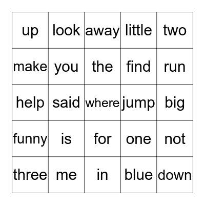 Sight Word Bingo Card