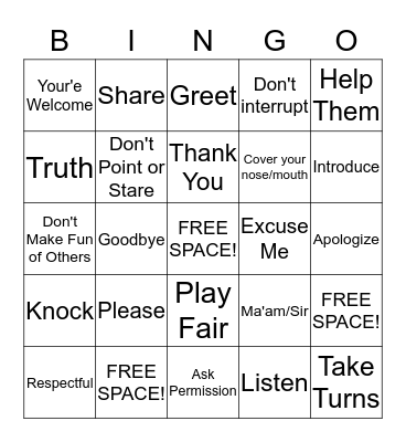 Manners Bingo Card