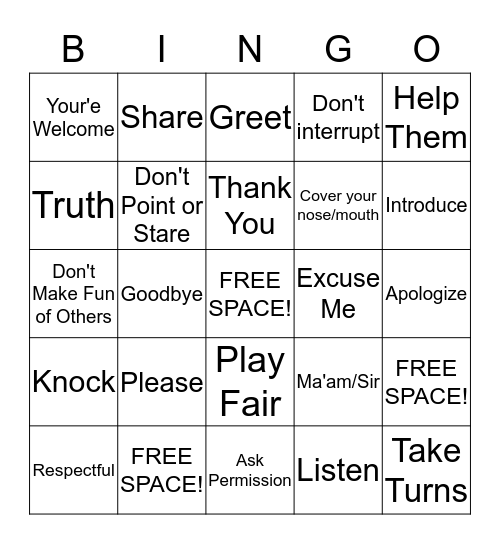 Manners Bingo Card