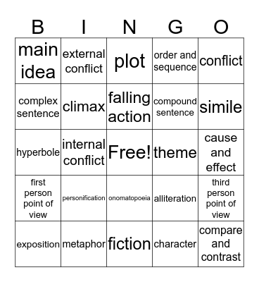 Language Arts Vocabulary Bingo Card