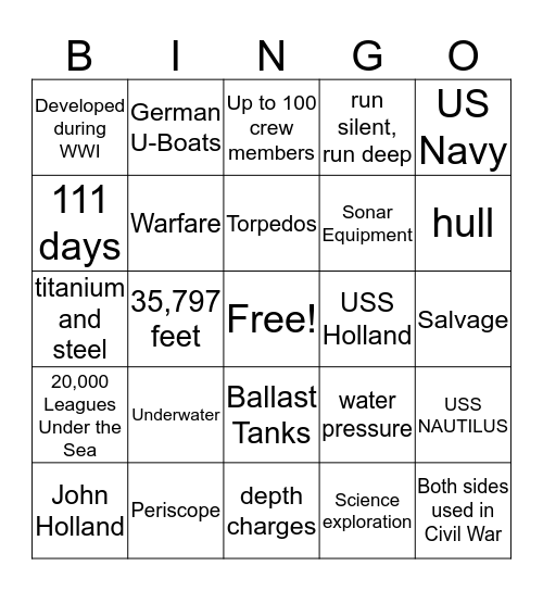 Submarines Bingo Card