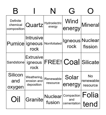 Rocks & Minerals Bingo Card