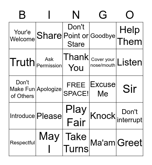 Manners Bingo Card