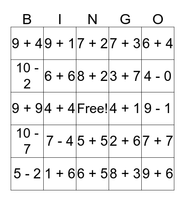 Math Facts Bingo Card